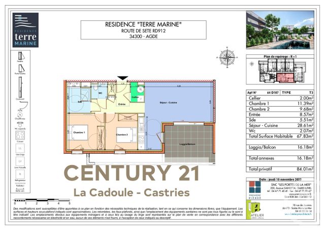Appartement T3 à vendre - 3 pièces - 67.83 m2 - AGDE - 34 - LANGUEDOC-ROUSSILLON - Century 21 La Cadoule