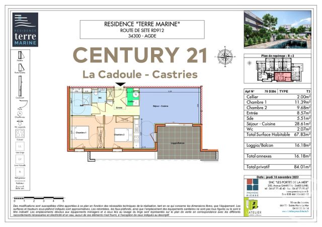 Appartement T3 à vendre - 3 pièces - 67.83 m2 - AGDE - 34 - LANGUEDOC-ROUSSILLON - Century 21 La Cadoule