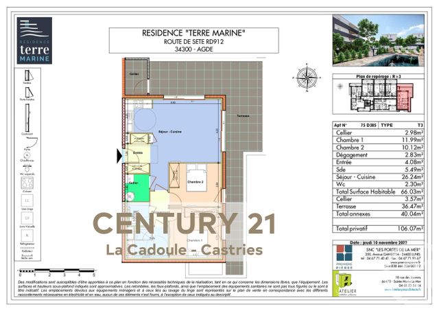 Appartement T3 à vendre - 3 pièces - 66.03 m2 - AGDE - 34 - LANGUEDOC-ROUSSILLON - Century 21 La Cadoule