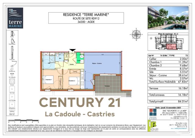 Appartement T3 à vendre - 3 pièces - 67.83 m2 - AGDE - 34 - LANGUEDOC-ROUSSILLON - Century 21 La Cadoule